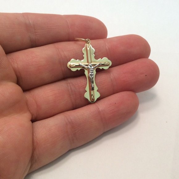 14K Yellow Real Gold  Cross Crucifix Pendant 1.90 grams Jesus 1 3/4 " long - Picture 5 of 8